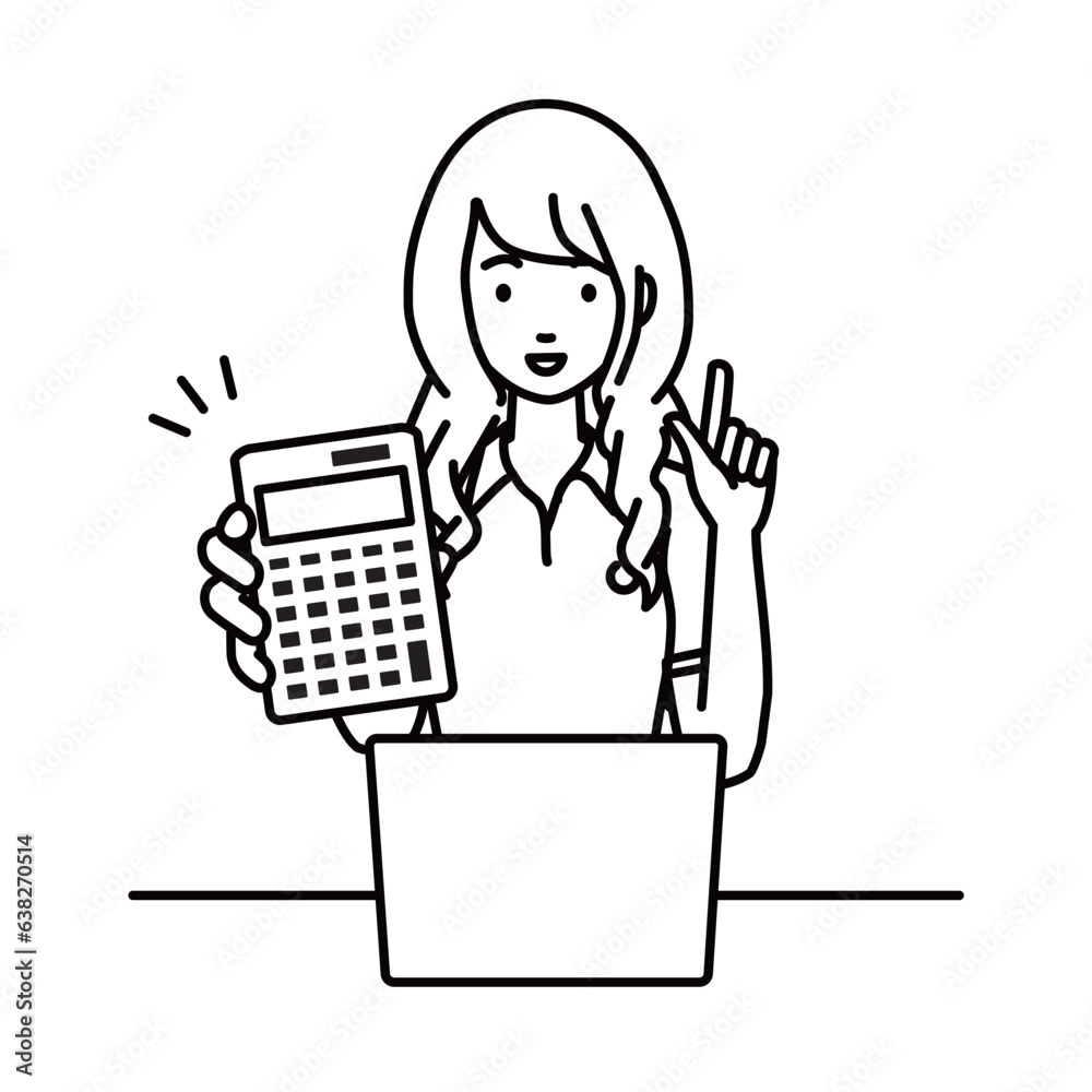 a woman in polo shirt recommending, proposing, showing estimates and pointing a calculator with a smile in front of laptop pc a woman in polo shirt recommending, proposing, showing estimates and pointing a calculator with a smile in front of laptop pc