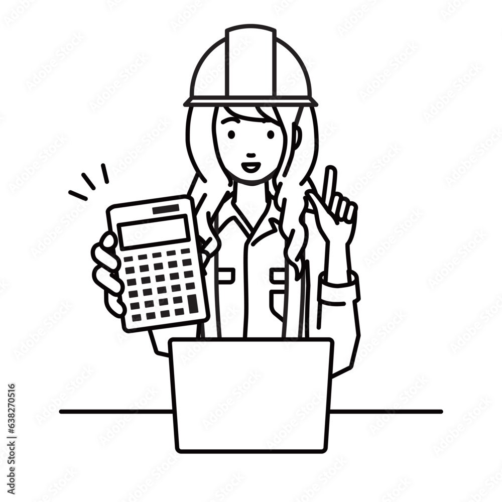 a woman working at construction sites recommending, proposing, showing estimates and pointing a calculator with a smile in front of laptop pc a woman working at construction sites recommending, proposing, showing estimates and pointing a calculator with a smile in front of laptop pc