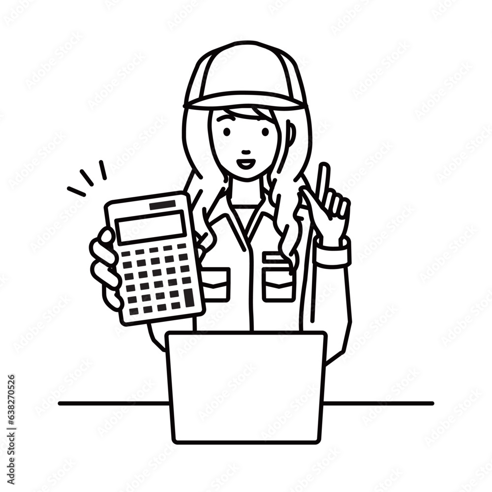 a blue-collar worker woman recommending, proposing, showing estimates and pointing a calculator with a smile in front of laptop pc a blue-collar worker woman recommending, proposing, showing estimates and pointing a calculator with a smile in front of laptop pc