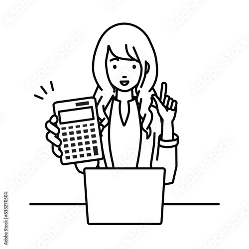 a woman in work jacket style recommending, proposing, showing estimates and pointing a calculator with a smile in front of laptop pc in front of laptop pc