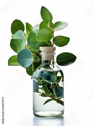 Bottle of eucalyptus oil on a white background