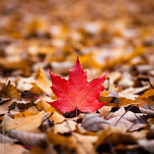Single red leaf on the ground on a bed of yellow leaves in the fall.