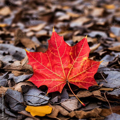 Single red leaf on the ground on a bed of yellow leaves in the fall.