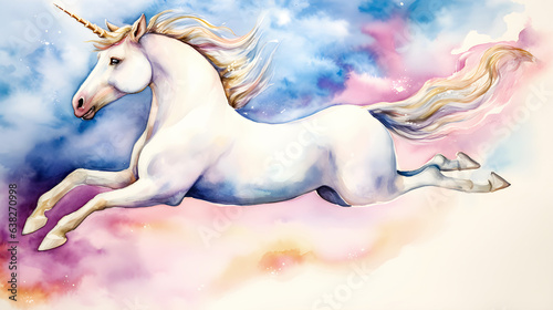 Unicorn horse among pastel background. Watercolor style.