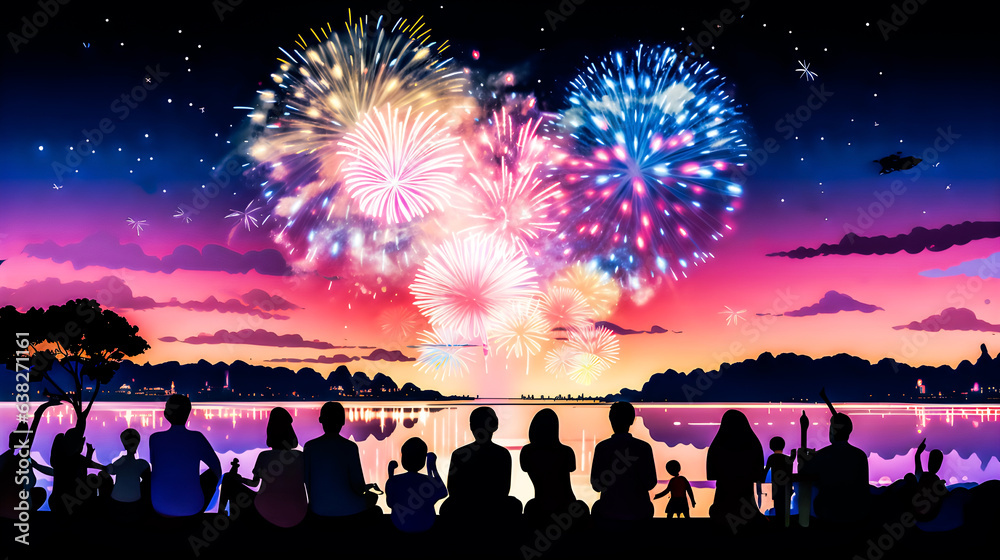 A cartoon silhouette of a group of people sitting and watching fireworks in the sky after sunset.