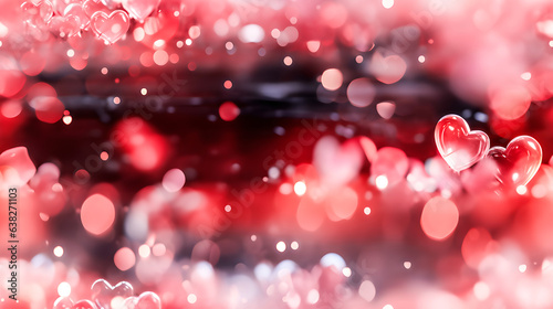 Red and pink heart shaped bokeh background on a black and red background.