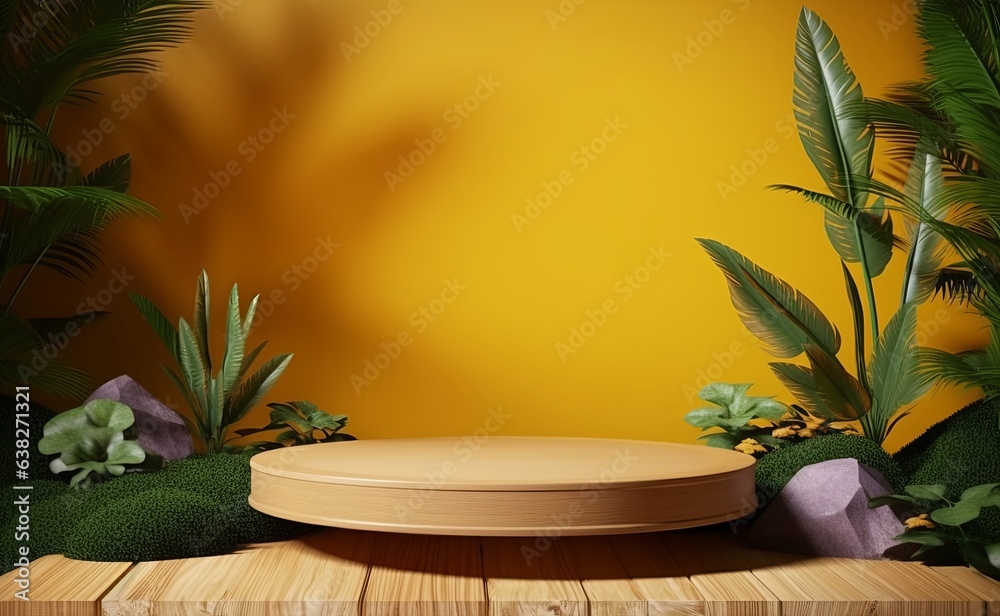 Wooden podium in tropical forest for product presentation and yellow background, Generative AI Wooden podium in tropical forest for product presentation and yellow background, Generative AI