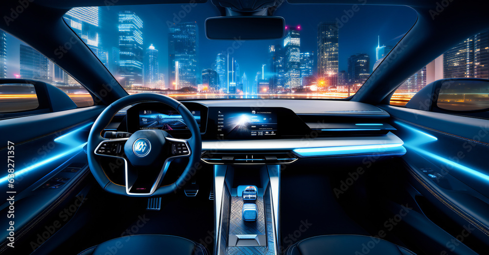 Futuristic interior of a car with digital displays and hologram screens