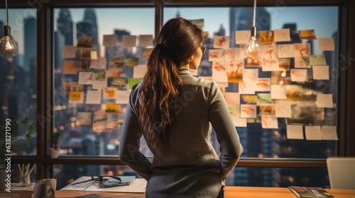 businesswoman is looking and analyzing sticky note on brainstorming board of her business office.