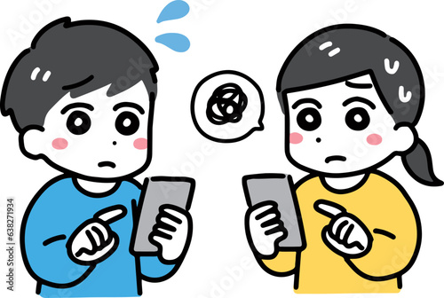 スマホで連絡を取り合う浮かない表情の男女