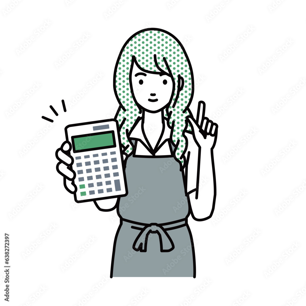 立って電卓を持ってこちらに向けて見せているエプロンをした店員の女性 立って電卓を持ってこちらに向けて見せているエプロンをした店員の女性