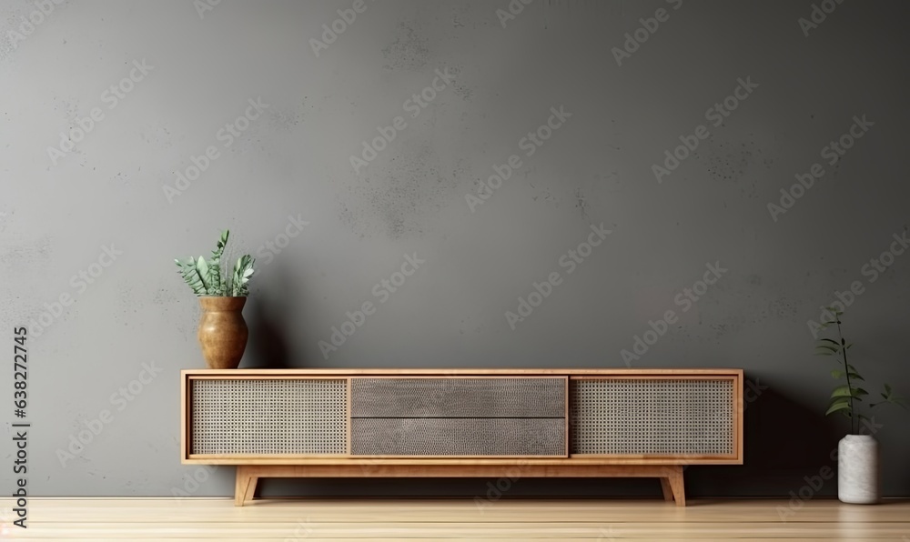 Cabinet for tv in living room interior wall mockup on dark concrete wall, Generative AI