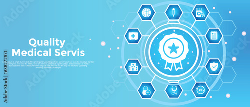 Quality medical services. Quality improvement assurance certification. virtual screen. Healthcare. Vector illustration.