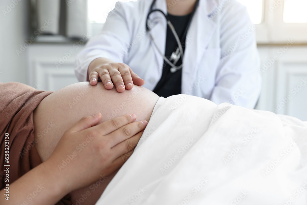 Obraz premium 침대에 누워있는 임산부에 손을 얹은 의사