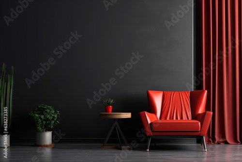 Living room interior wall mockup in black tones with red leather armchair on dark wall background, Generative AI