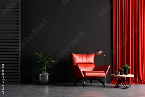 Living room interior wall mockup in black tones with red leather armchair on dark wall background, Generative AI