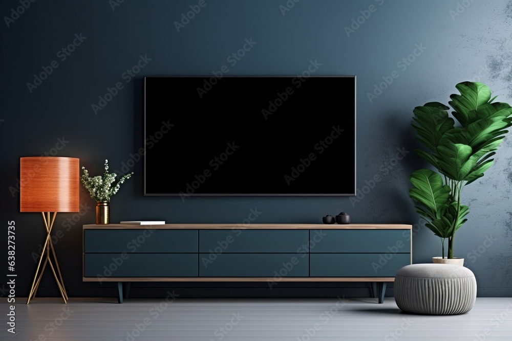 Modern interior of living room with tv on the cabinet on dark blue wall background, Generative AI