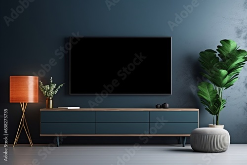 Modern interior of living room with tv on the cabinet on dark blue wall background, Generative AI