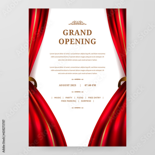 Grand opening with red curtain and golden ornament decoration poster announcement party stage theatre with white background