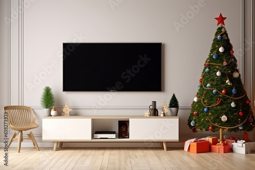 Christmas room with TV cabinet in modern living room on cream wall background, Generative AI