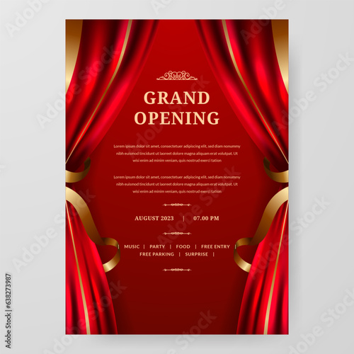 Grand opening with red curtain and golden ornament decoration poster announcement party stage theatre with red background photo
