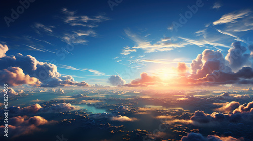 Blue Cloudy Background Blue Sky with White Fluffy Clouds and Sun AI Generative