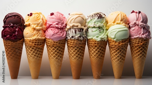 The scoop of ice cream is on top of a waffle cone. Many assorted different flavour Mockup template for artwork design