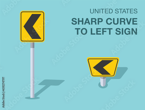 Traffic regulation rules. Isolated United States sharp curve to left sign. Front and top view. Flat vector illustration template.
