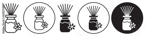 Aromatherapy icon. Flat symbol of aromatic room diffuser with incense stick in jar or pot. Vector set of air freshener aroma scent agarbatti. Outline round logo of flower smell for zen meditation spa