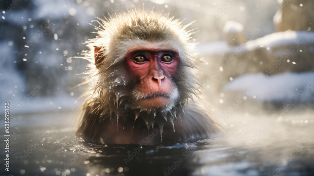 The monkey in the onsen with snowy - obrazy, fototapety, plakaty 