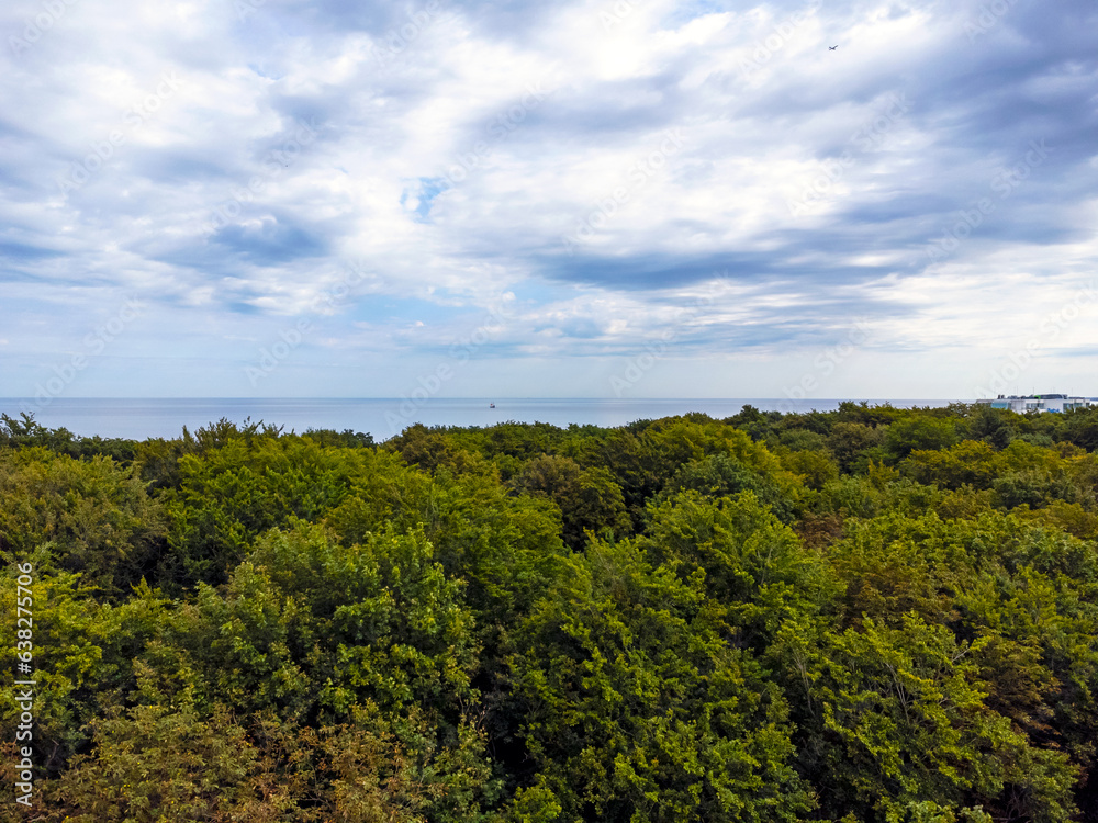 Aerial view landscape, view of forest, horizon, sea and blue sky in Kolobrzeg