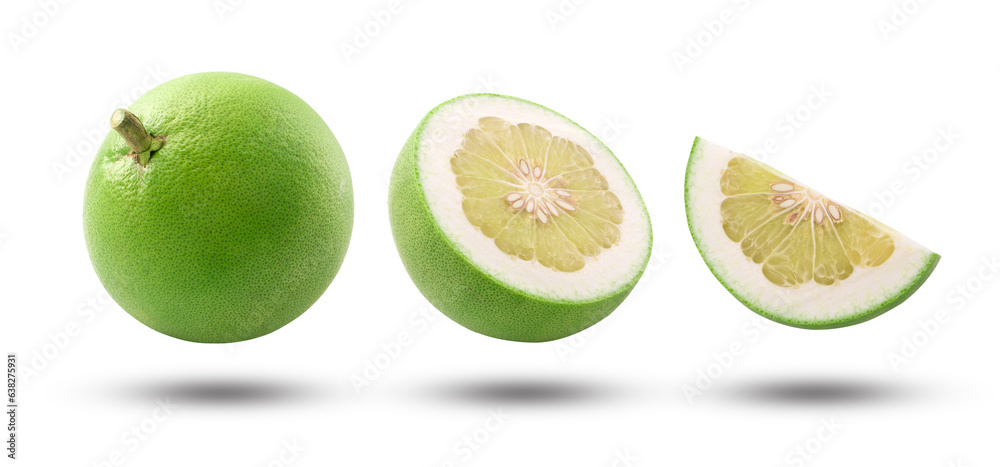 Flying pomelo fruit with slices isolated on white background. clipping path.