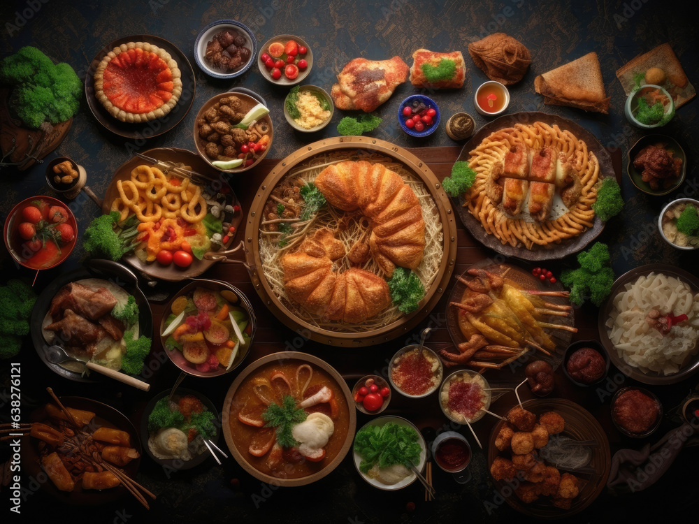Top view of a banquet with food on a wooden table
