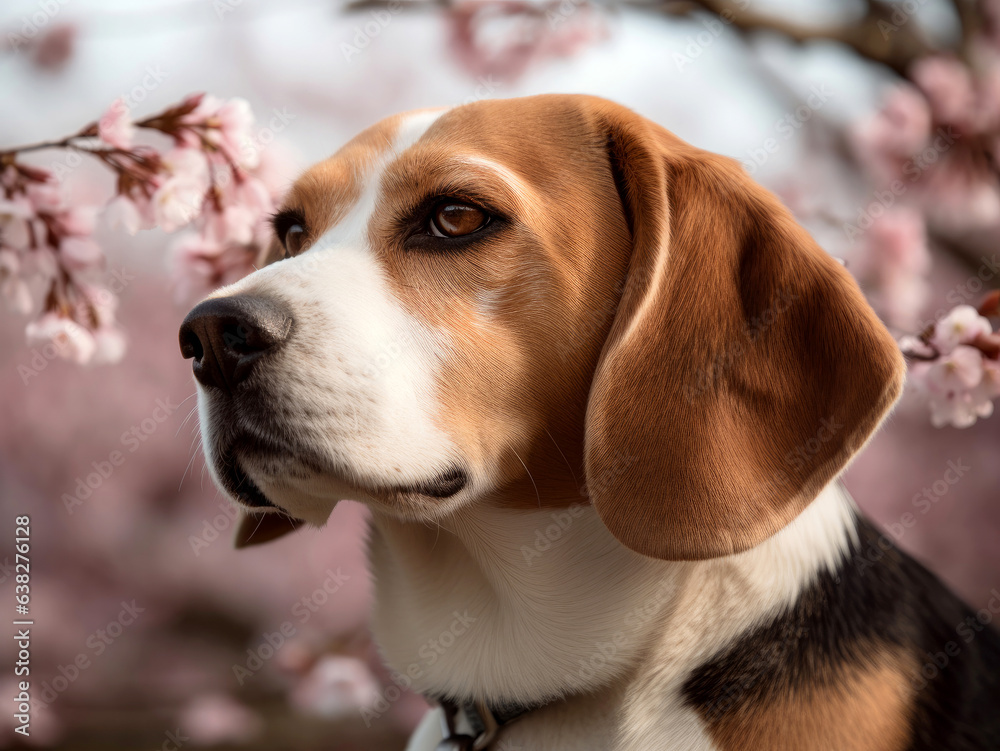 Beagle dog portrait against sakura blossom tree Beagle dog portrait against sakura blossom tree