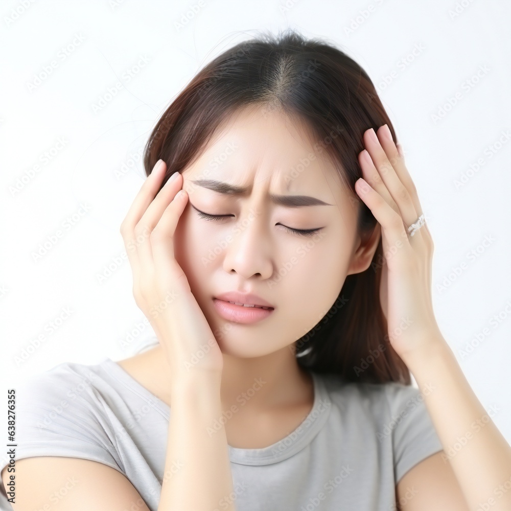 Asian young woman suffer from headacke. Generative ai Asian young woman suffer from headacke. Generative ai