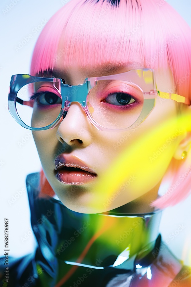 Fototapeta premium A whimsical cartoon of a woman wearing glasses and sporting vibrant pink hair with bangs, pouting her bright lips in an alluring fashion, invites the viewer to explore her unique sense of style
