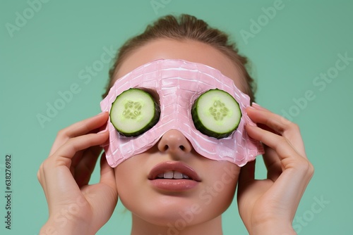 A woman stands proudly with cucumbers covering her eyes, an unconventional yet stylish accessory that brings out her unique beauty and strength photo