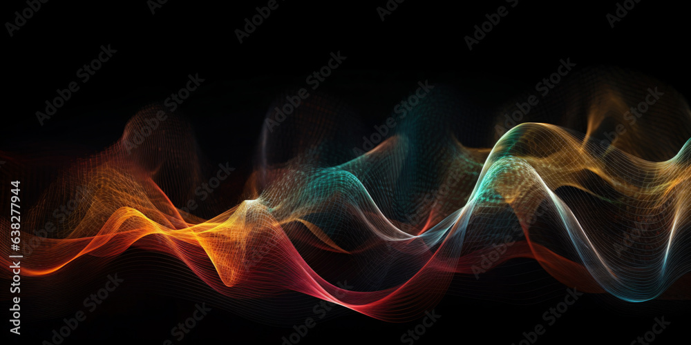 Fototapeta premium Wave lines trails flowing dynamic in diverse colors isolated on black background. digital and communication concept - Generative AI