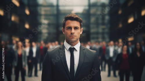 Portrait of serious businessman in suit standing in business district against backdrop of crowd of colleagues