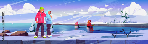 Frozen north landscape with fisherman background. Man and woman travel on vacation to ice ocean shore. Cold Canada freeze water nature with character environment scene. White northern cartoon land