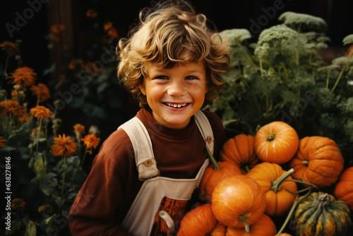 Portrait of a laughing caucasian child boy farmer sitting in a pile of pumpkins in a vegetable garden outdoors, harvesting