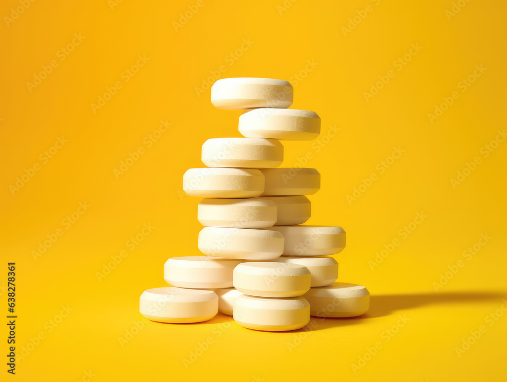 Aspirin tablets isolated on yellow background Aspirin tablets isolated on yellow background