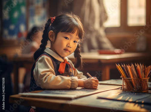 Asian girl draws with a pencil at a lesson in the classroom
