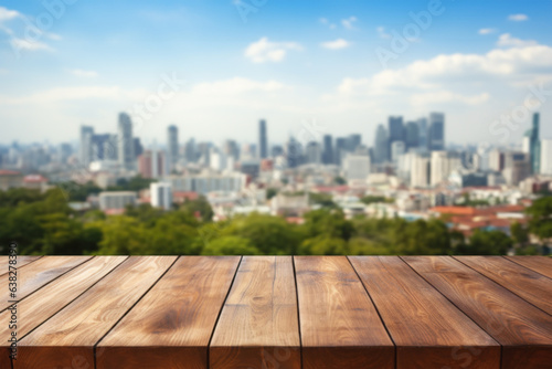 Empty Wooden Table Overlooking Cityscape.empty wooden table against the dynamic backdrop of a blurred city landscape.For montage product display