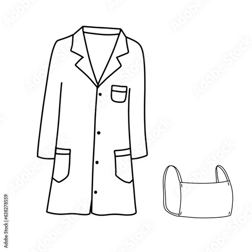 Lab coat with long sleeves and classic pockets. Outline doodle sketch. Protective mask of scientist or doctor.
