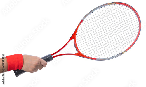 Sport equipment ,Woman Hand holding Red Tennis racket  isolated On White background With work path. © Juraiwan