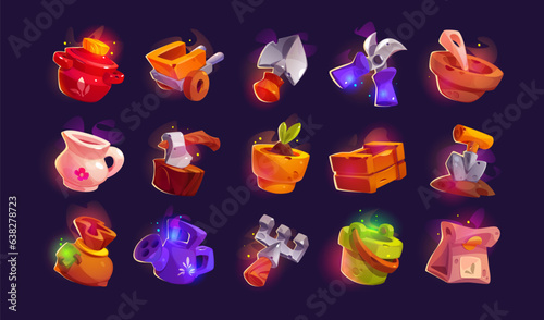 Gardening and farm game icons set. Vector equipment for growing agricultural crops - utensils, bags of seeds, shovel and pruning shears, bucket and watering can, wooden box, wheelbarrow, sprout in pot