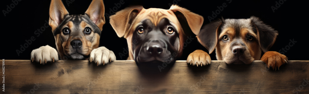 Banner for the animal shelter website. Three puppies of different breeds of dogs behind a wooden stand on a black dark background. - obrazy, fototapety, plakaty 