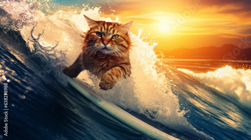 Fearless striped cat surfer on a board on a wave in the ocean. Place for text.