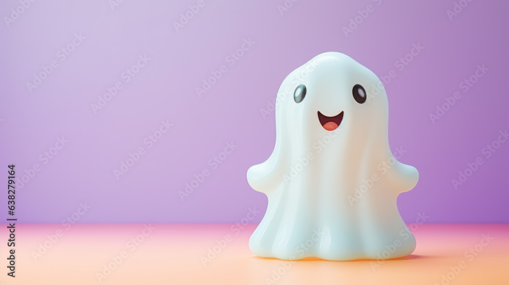 A kind and funny ghost on a soft lilac pastel background. Smiling cartoon character. A kind and funny ghost on a soft lilac pastel background. Smiling cartoon character.